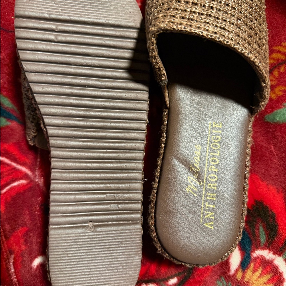 Anthropologie Brown Woven Slide Sandals with Gold Logo